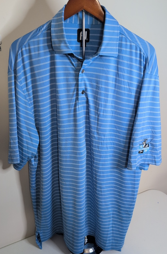Footjoy Mens Large Blue Striped Gold Shirt Polo Deerwood Golf Course