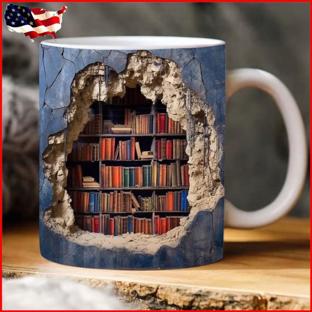350ML 3D Bookshelf Mug Multi-Purpose Bookshelf Pattern Tea Cup Gift for Readers