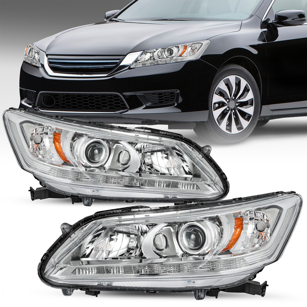 For 2013 2014 2015 Honda Accord 4Dr Chrome w/ LED DRL Headlights RH/LH Headlamps