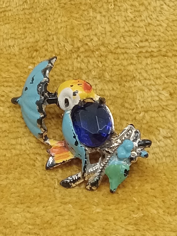 Vintage Blue Bird of Happiness Brooch with Resin Inlay and Enamel