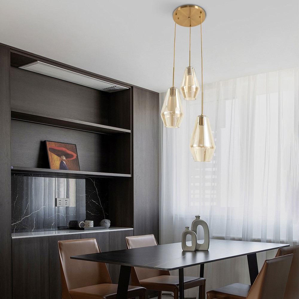 3-Light Modern LED Chandelier in Champagne Gold with Glass Shade