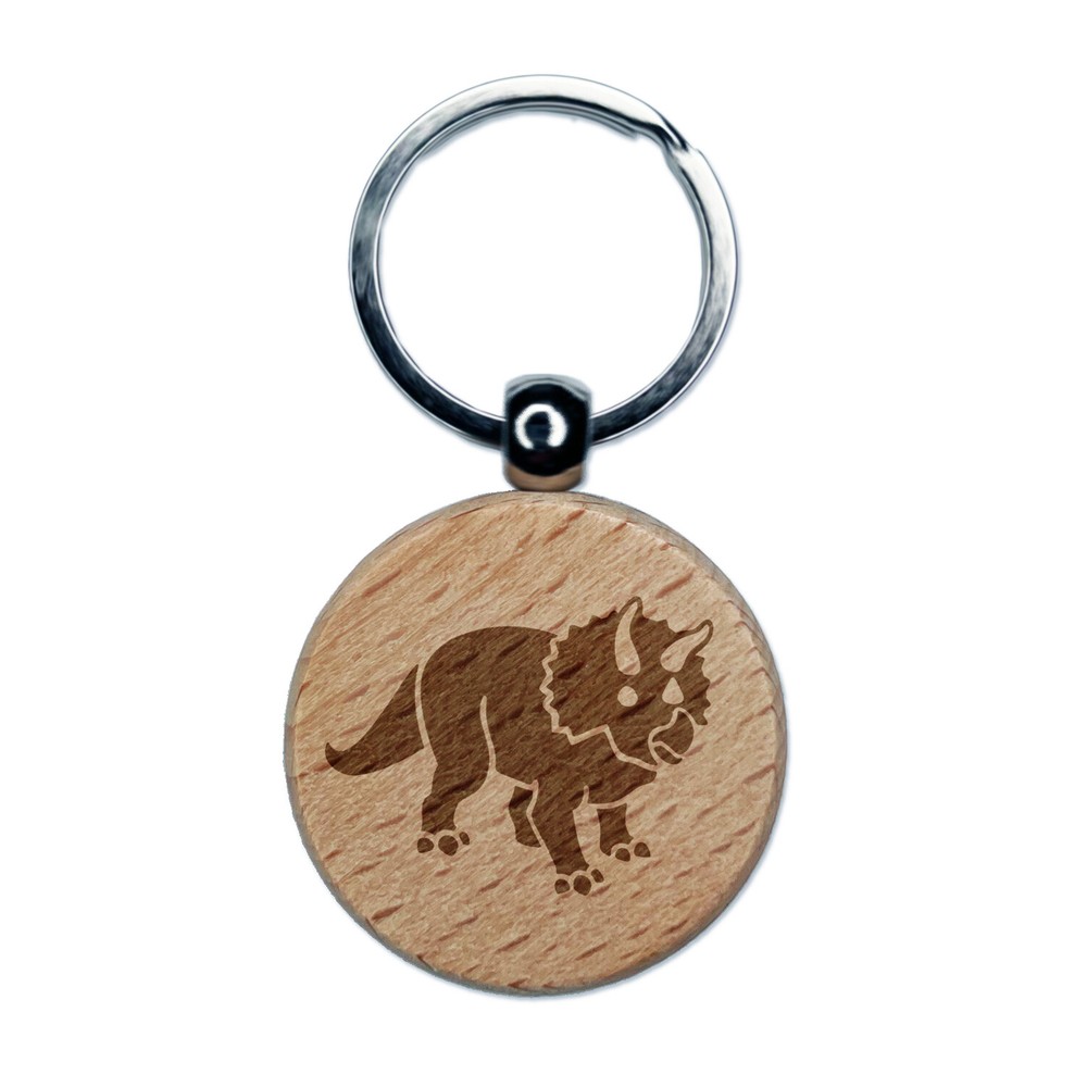 Triceratops Dinosaur Engraved Wood Round Keychain Tag Charm