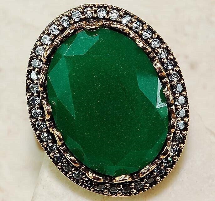 12CT Emerald 925 Sterling Silver Ring Ottoman Empire Style Size 8.5