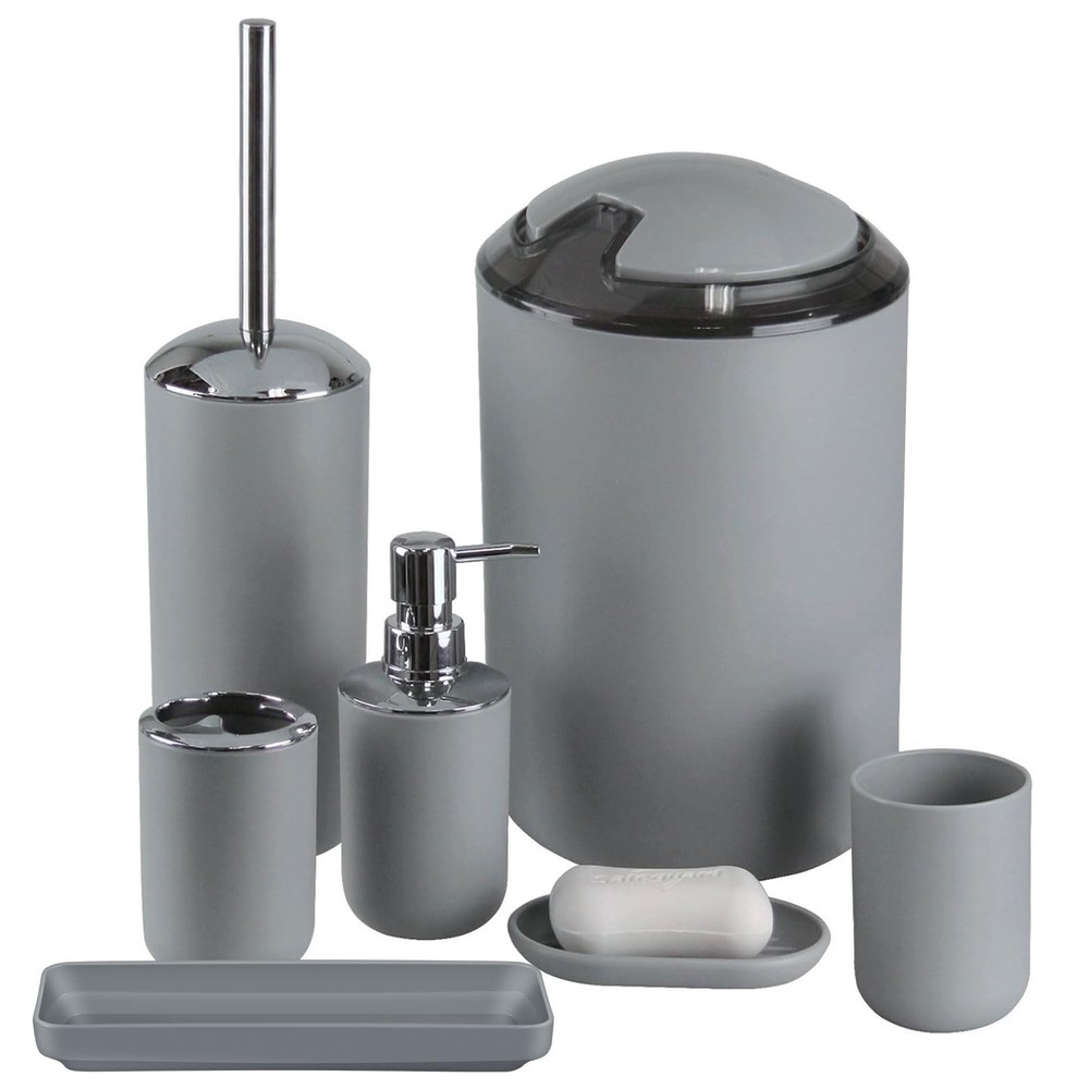 7-Piece Grey Bathroom Set, Tray, Toilet Brush, Trash Can, Décor & Gifts