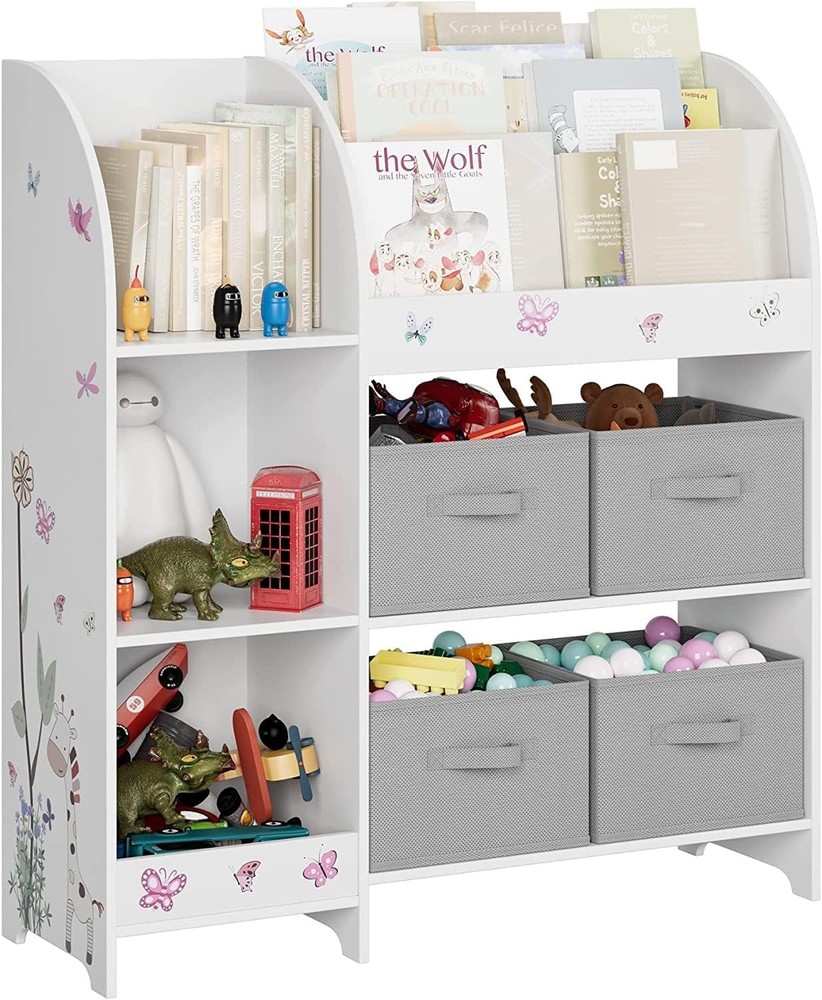 Kids Toy Storage Organizer with 4 Fabric Bins - Bookshelf & Toy Box Combo