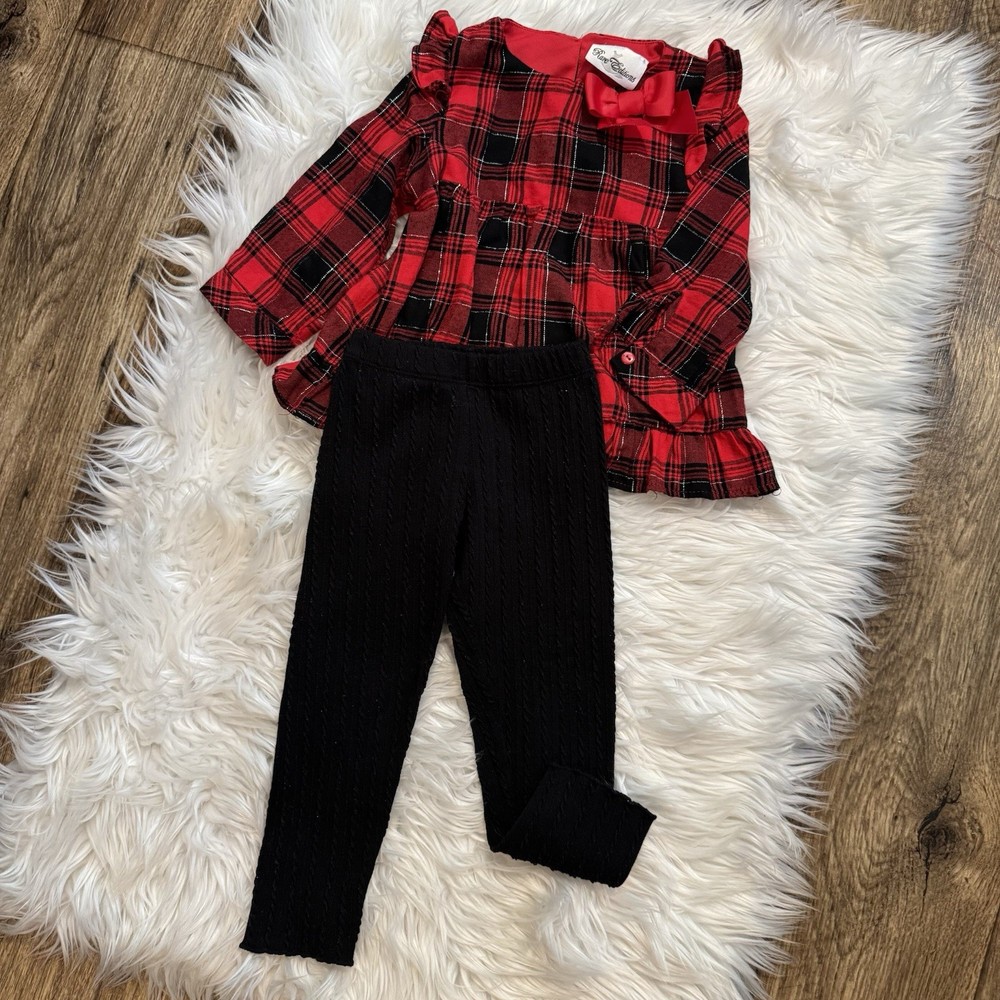 Rare Editions Girls 4T Red Plaid Christmas Top & Black Leggings Outfit Set