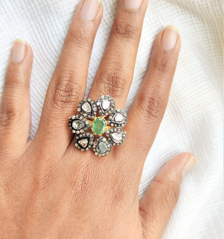 Natural Emerald Polki Pave Diamond Flower Ring in 925 Sterling Silver