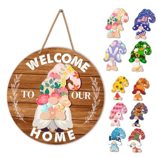 Wooden Gnome Decor with Interchangeable Welcome Sign for Spring and Easter  