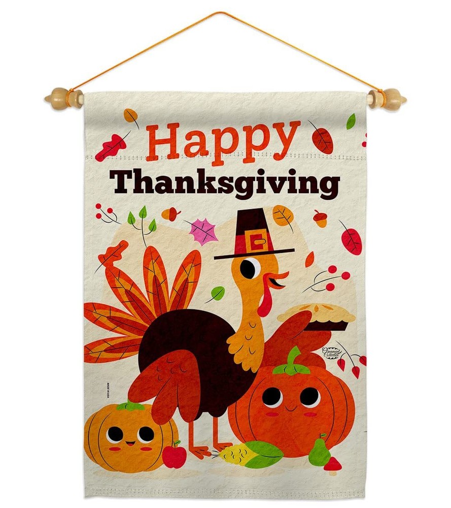 Thankful Fall Turkey Garden Flag Set with Wood Dowel for Thanksgiving Decor