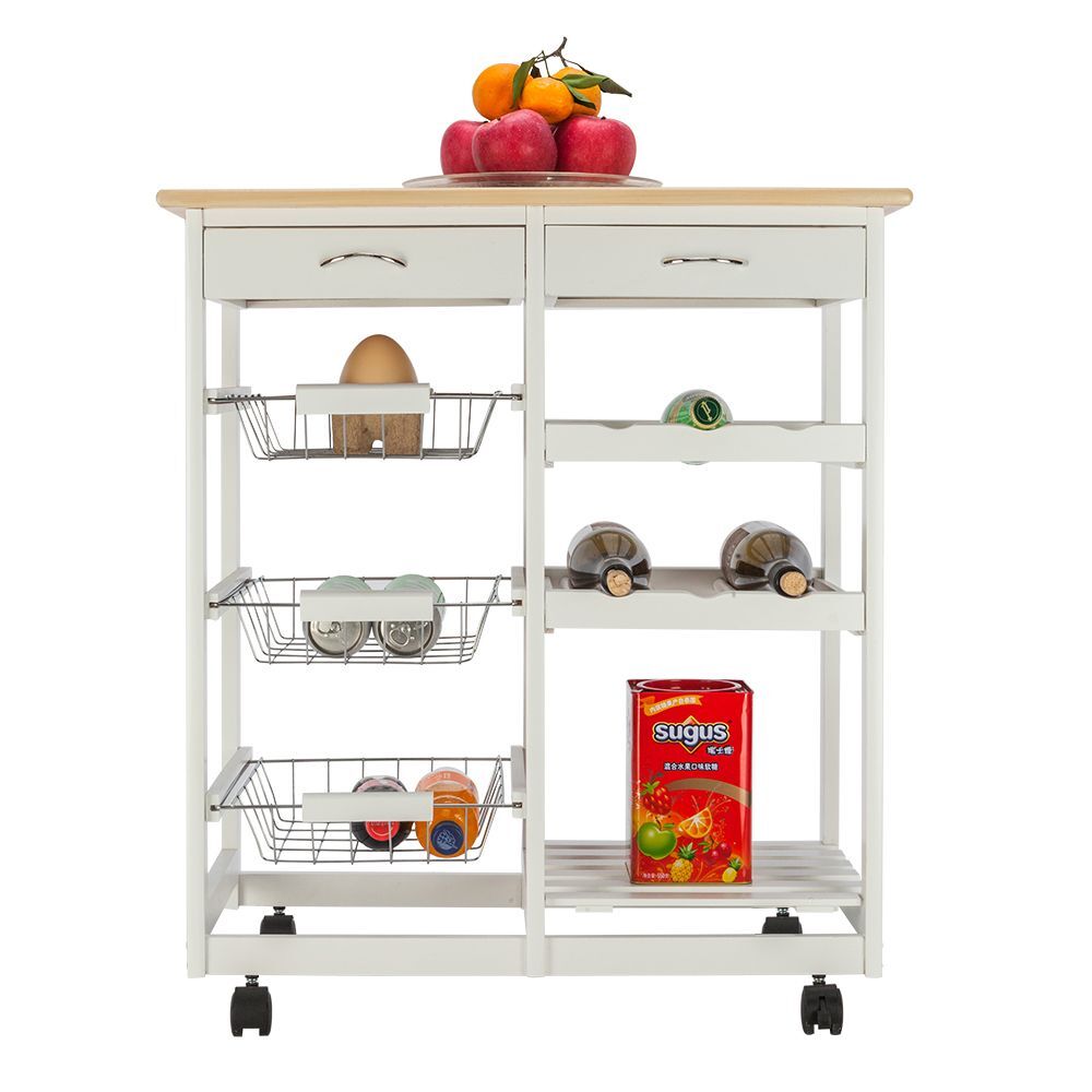 Free shipping Moveable Kitchen Cart with Two Drawers & Two Wine Racks & Three Ba