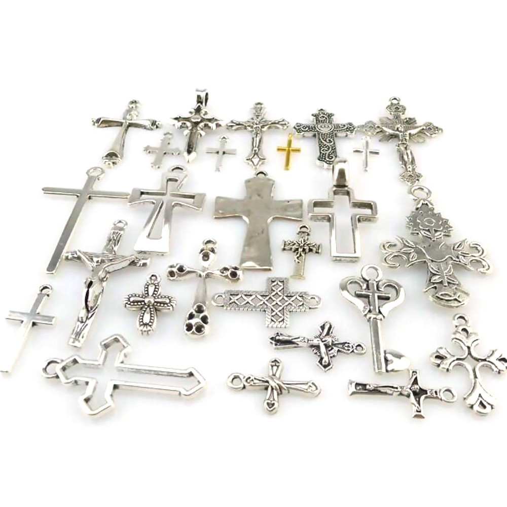 25PCS Antique Silver Alloy Cross Pendant Religious Faith Charm Mix