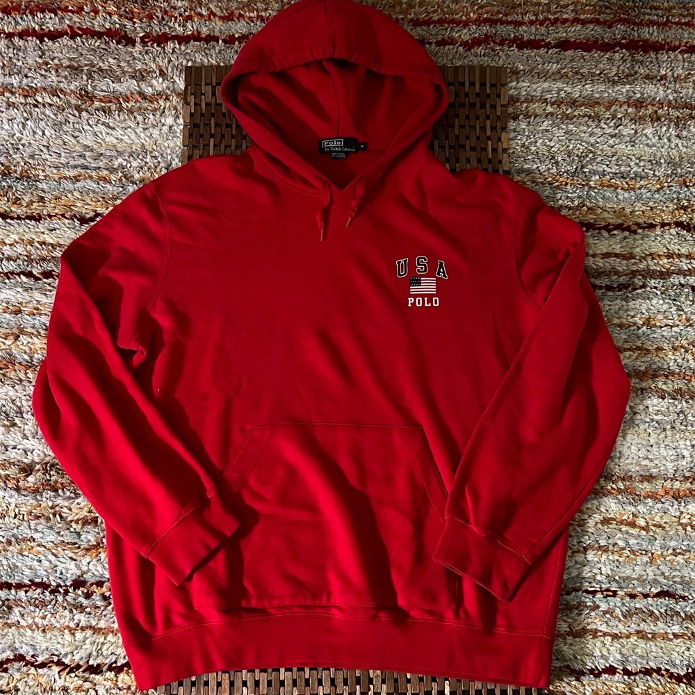 Vintage Polo Ralph Lauren USA Hoodie Hoody Pullover Red Men's Size XL VTG