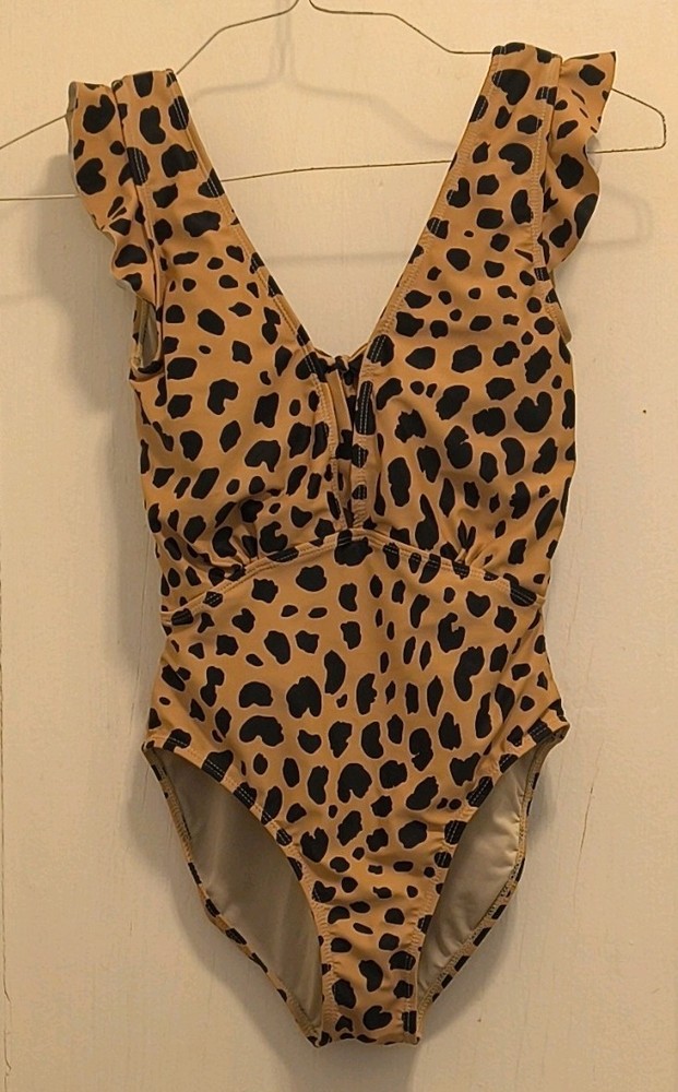 BURU Women's One-Piece Swimsuit S Leopard Print Ruffle Beige Black Stretch