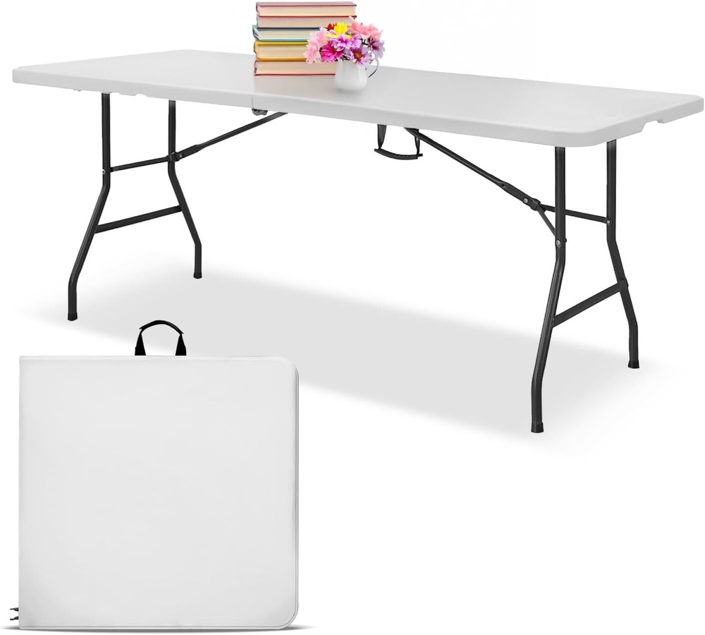 H&E White 6ft Heavy-Duty Folding Table with Handle - Portable Foldable Table
