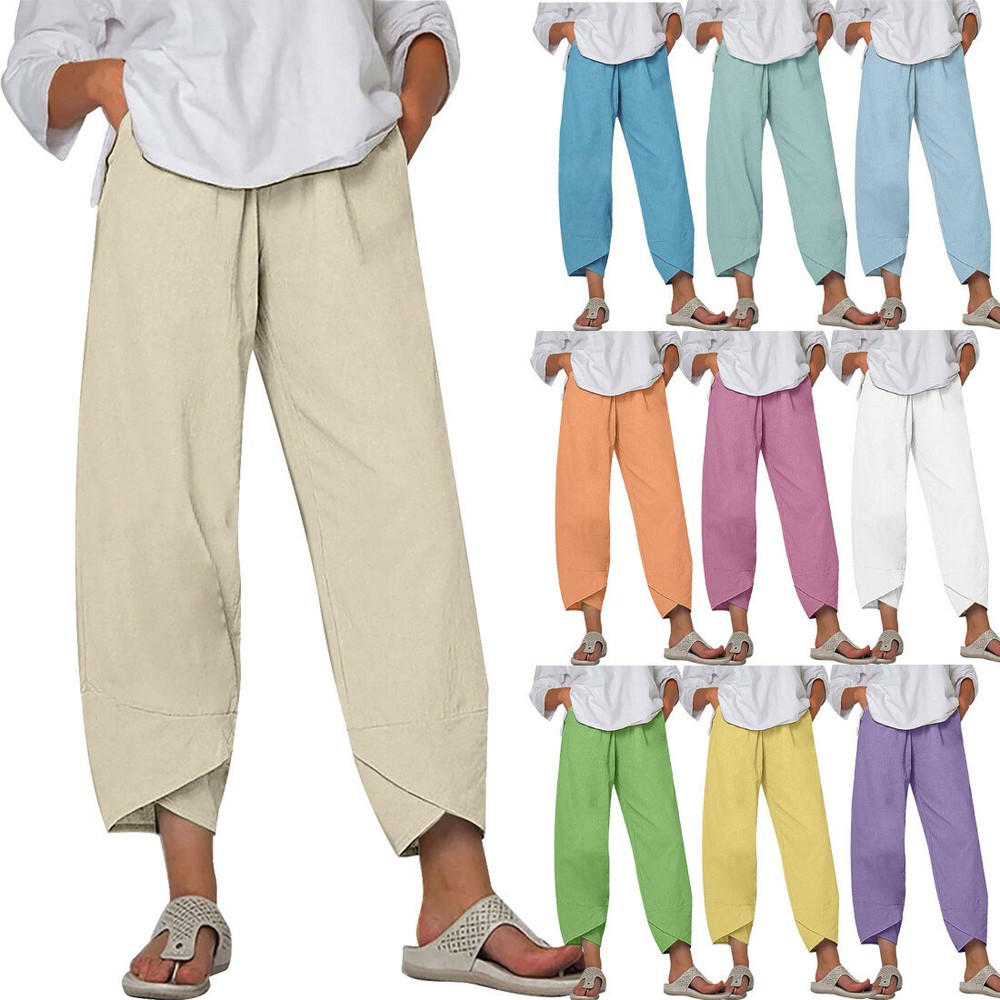 Mujeres Damas Algodón Lino Sueltos Informales Harén Pantalones Verano Pantalones Talla Grande UK