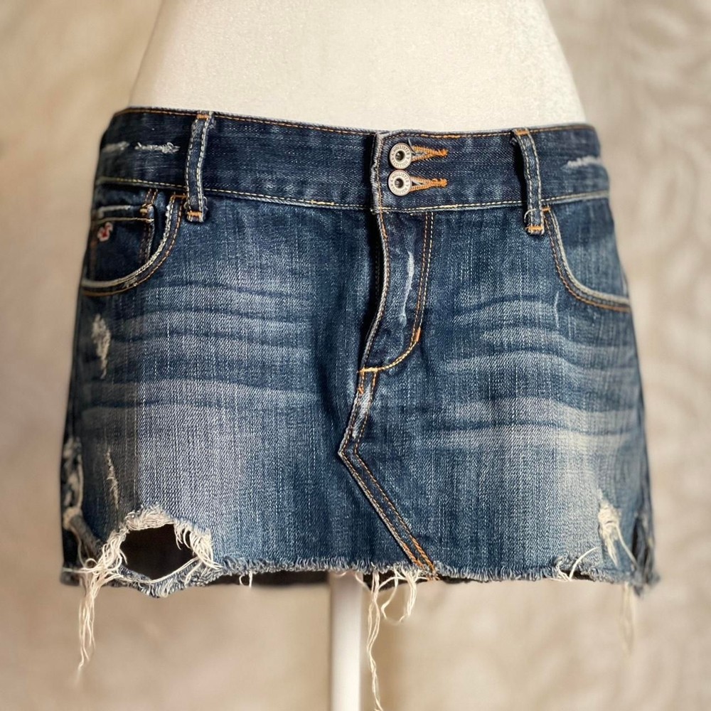 Vintage Y2K Hollister Distressed Denim Micro Mini Skirt Trashy McBling Size 7