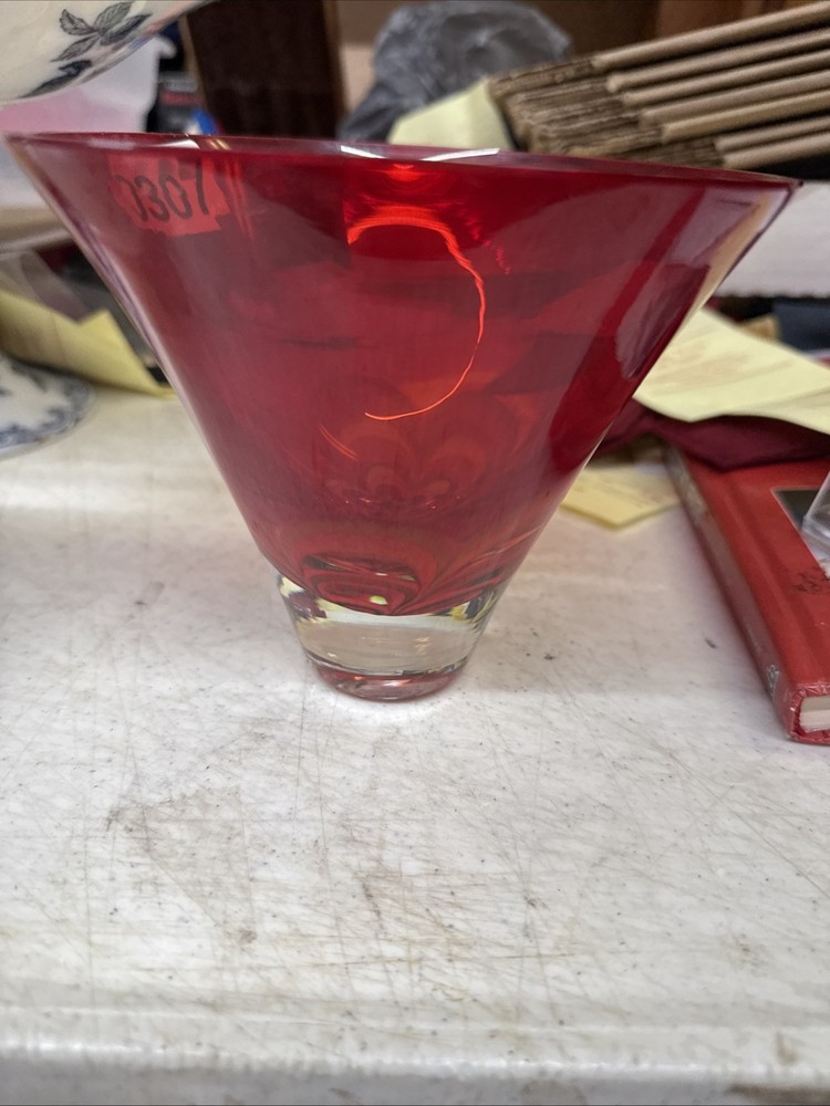 Waterford Red and Amber Art Glass Evolution Bowl Vase 4.5 Inch Showpiece