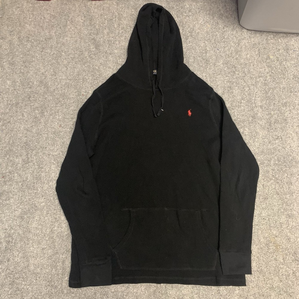 Polo Ralph Lauren Waffle Knit Thermal Hoodie Mens XL Black Pullover Sweatshirt