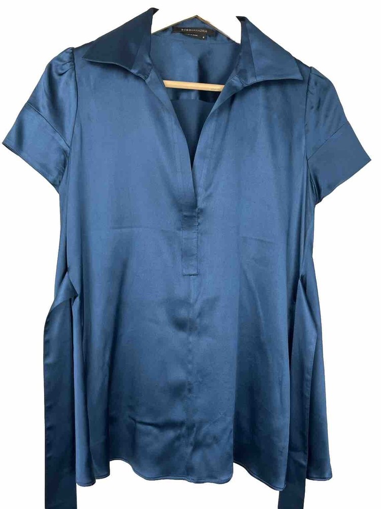 BCBG Max Azria Top Short Sleeve Silk Blend Blouse Tie Waist Blue Small Career