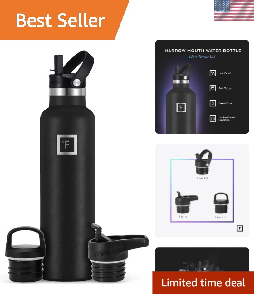 24 oz Insulated Stainless Steel Water Bottle - Midnight Black, Leakproof Design