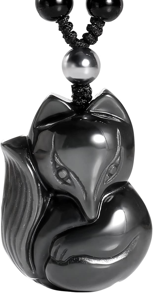 Black Obsidian Lucky Fox Necklace Natural Stone Healing Crystal Pendant Protecti