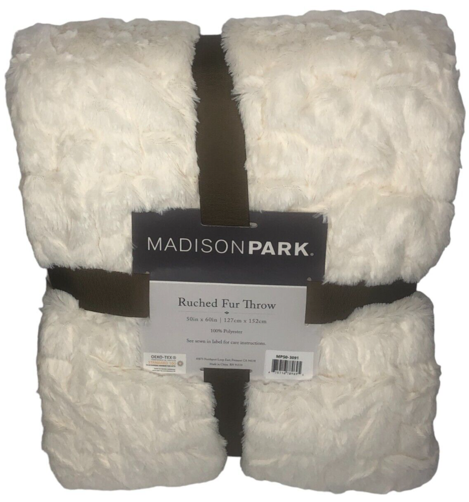 Madison Park Ivory White Ultra Soft Faux Fur Ruched Throw Blanket 50x60 Inches