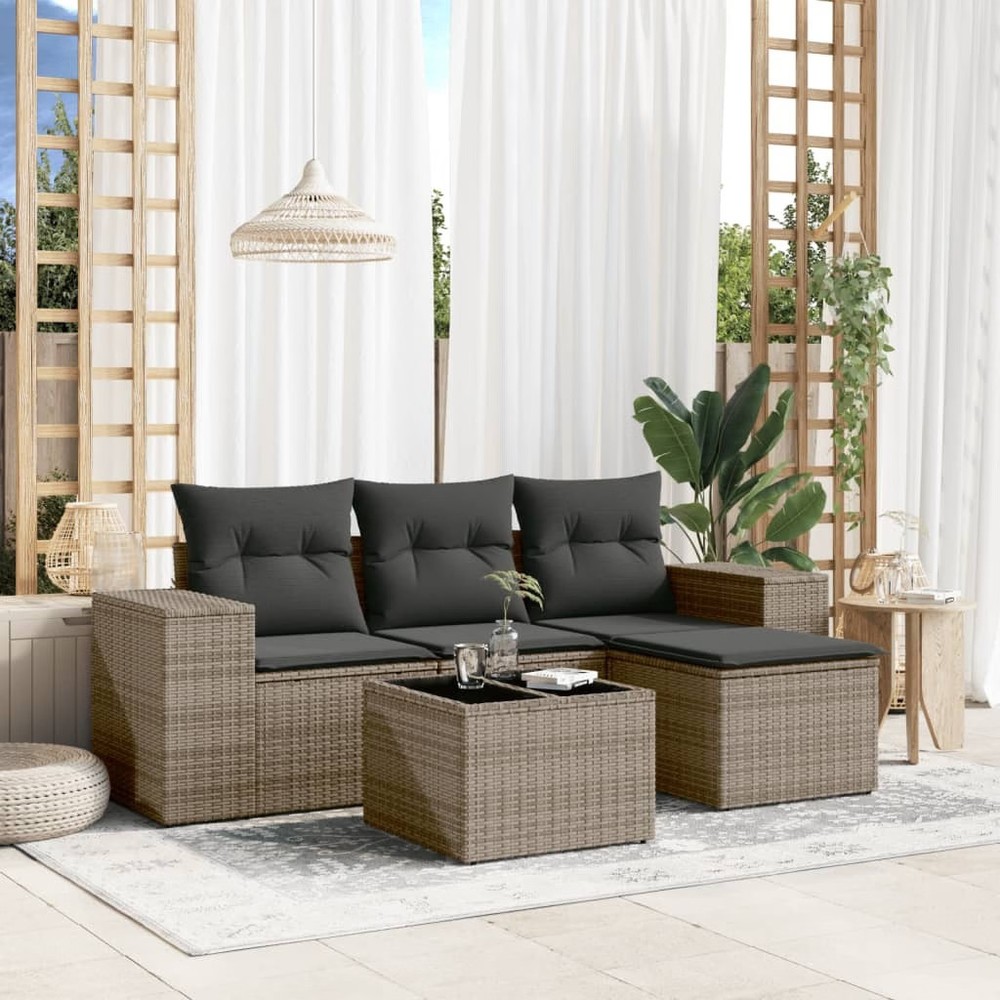 Garden Sofa Set Grey PE rattan, Powder-coated steel, Tempered glass