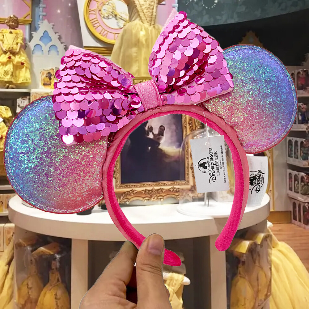 Disney Parks Shanghai 5th Anniversary Pink Sequins Bow Minnie Ears Headband US