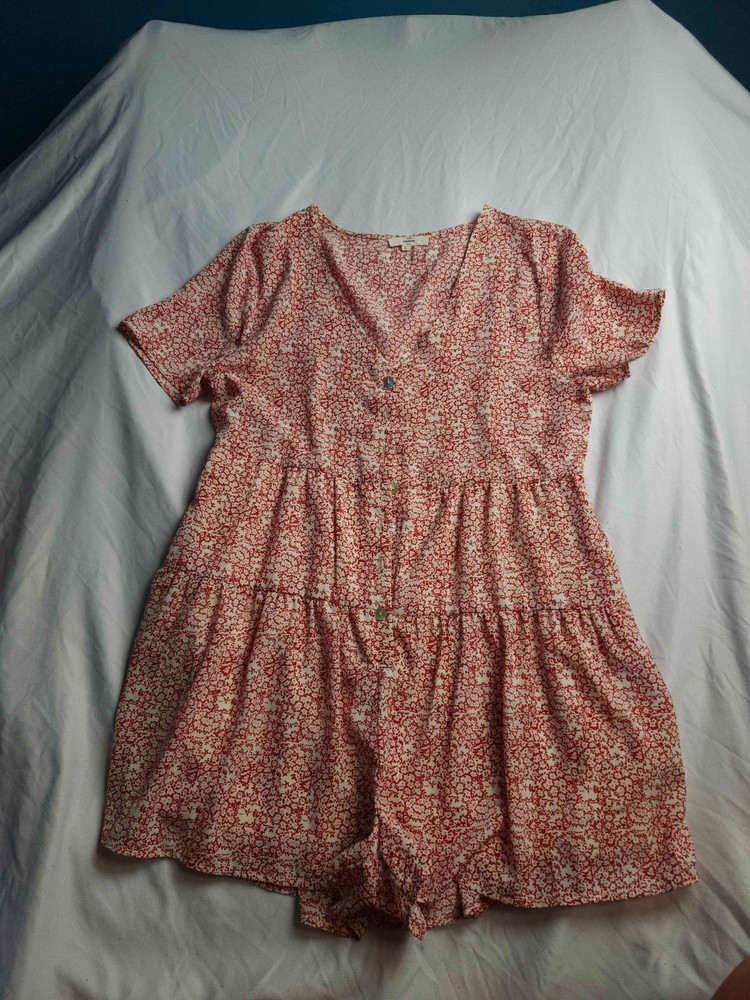 Entro Romper Womens Floral Tiered Boho Cottagecore Red White Button Front Size L