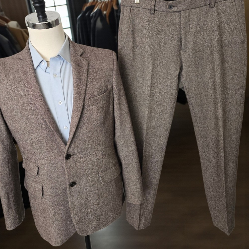 Bespoke Soft Tweed Suit 42r Slim Fit 35x30 Ticket Pocket Drop 7 Side Dual Vent
