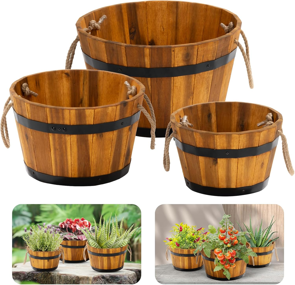 3 Durable Acacia Wood Barrel Flower Boxes for Outdoor Plants