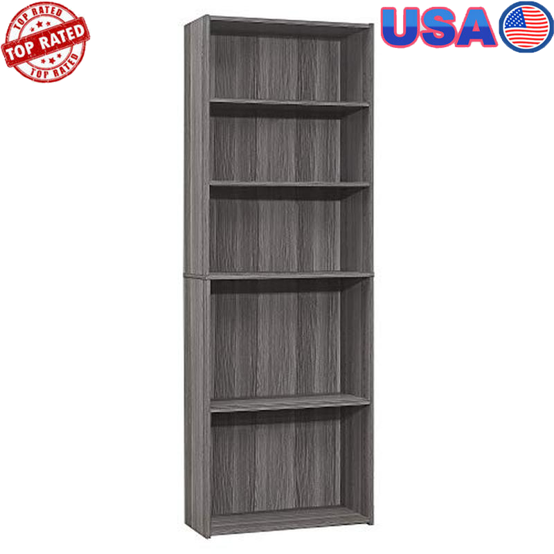 5-Shelf Adjustable Bookcase Space-Saving Durable Wood Gray Finish for Office or Home