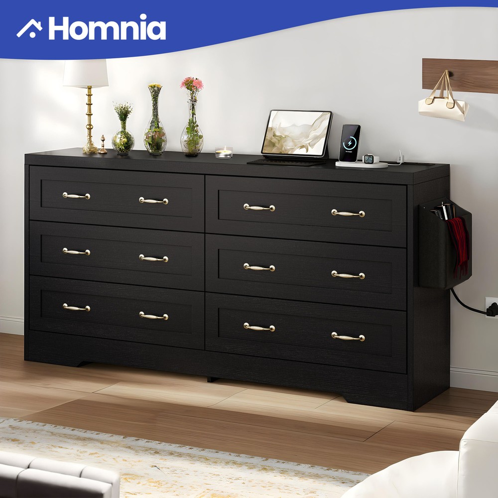 Black 6 Drawer Chest of Drawers Dresser with USB Charging Station for Bedroom