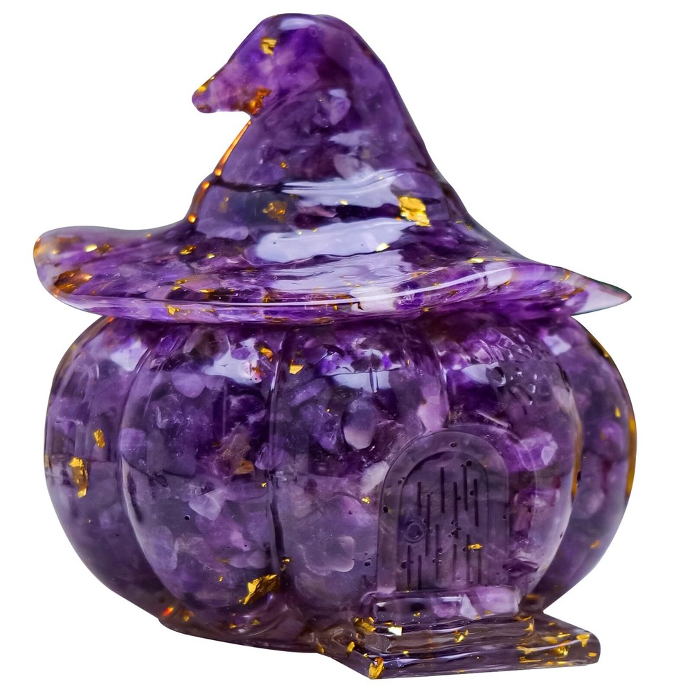 Amethyst Crystal Resin Pumpkin Statues Halloween Pumpkins Witch-Hat Lid Pumpk...