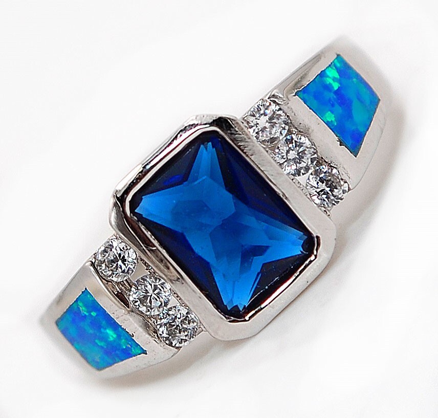 2CT Treated Sapphire & Australian Opal Inlay 925 Sterling Silver Ring Sz 7 BA1