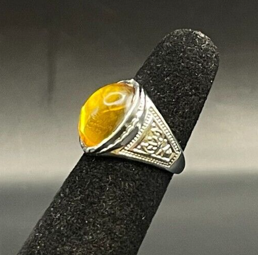 Vintage Antique Silver Tone Rhinestone Baltic Amber Ring - Size 2.5