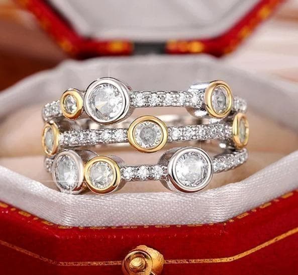 Multi Row CZ Ring Silver Gold Tone Statement Band Women US Size 6 New