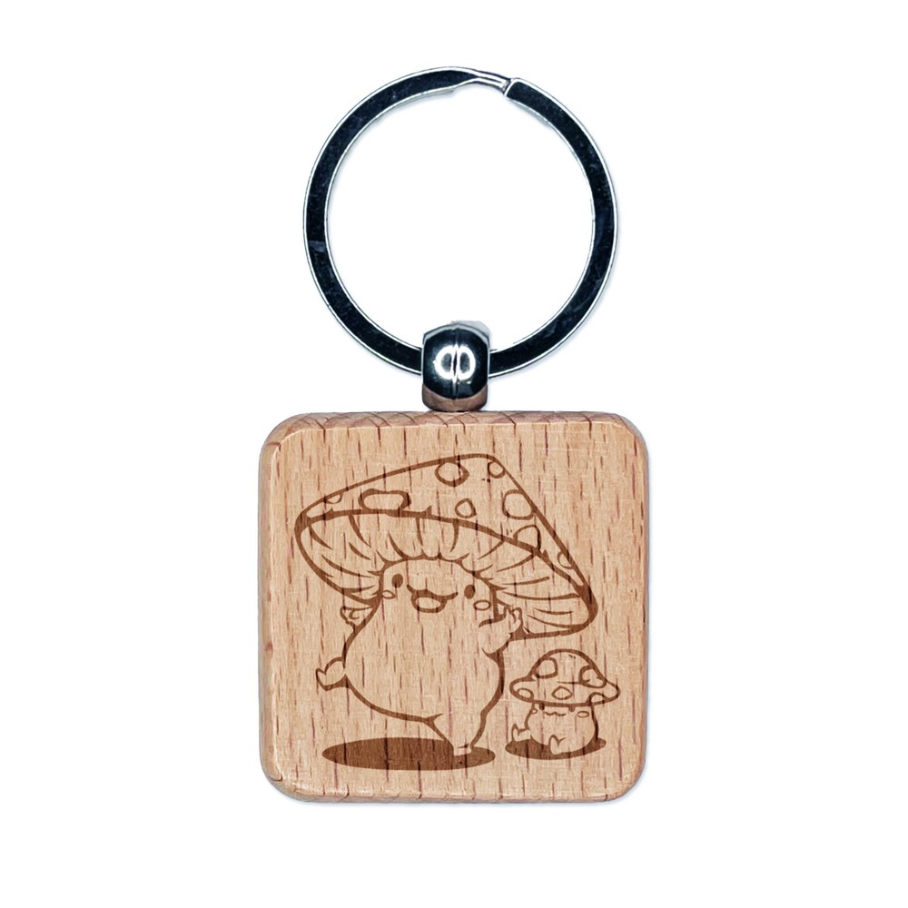 Happy Kawaii Mushroom Friends Engraved Wood Square Keychain Tag Charm