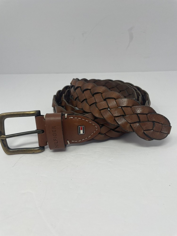 Tommy Hilfiger Mens Brown Braided Leather Belt Size 42 with Brass Buckle  