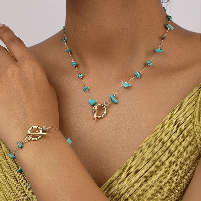 Turquoise Chip Necklace Bracelet Set Gold Tone Choker Bib Collar Bead Simulated