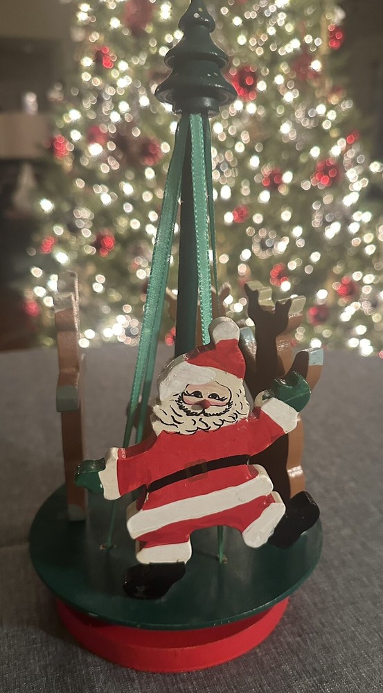 Vintage Handmade  “Terry’s Village” Wooden Carousel Spins Santa Claus Reindeer