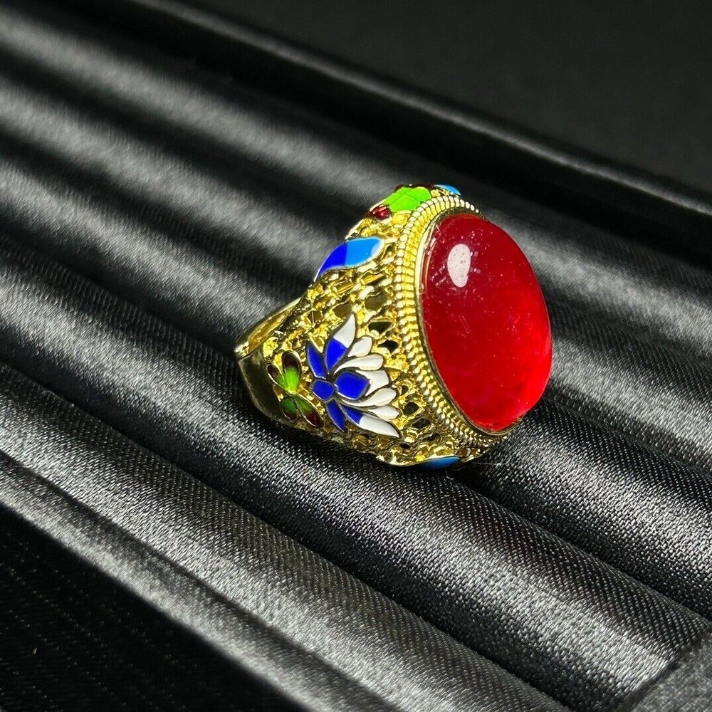 Certified Natural Inlay Ice Red  Burmese Jade Jadeite Archaistic Amulet Rings