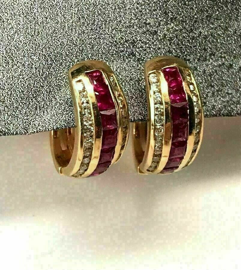 2.25Ct LabCreated Diamond Ruby Hoops Huggie Earrings in 14kt Yellow Gold Finish