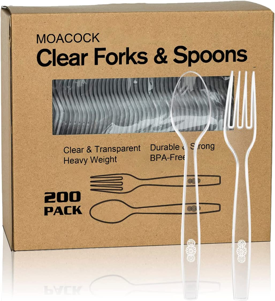 200 Count Plastic Silverware, Heavy Weight Plastic Forks Spoons Disposable Utens