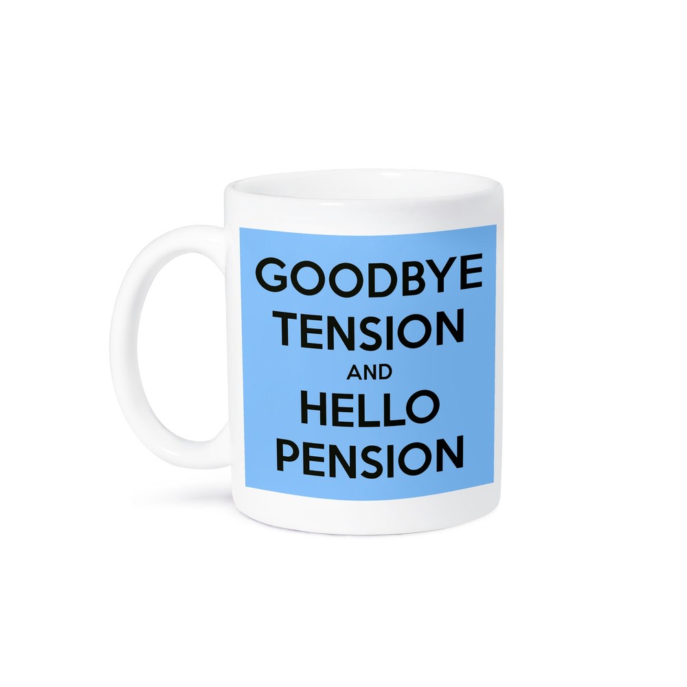 3DRose Blue and Black Retirement Mug - Goodbye Tension Hello Pension