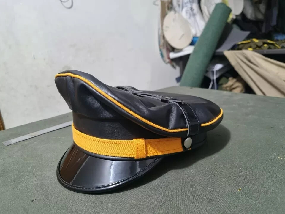 Genuine Leather Black Army Muir Biker Orange Trim Gay Bluf Cap Peak Police