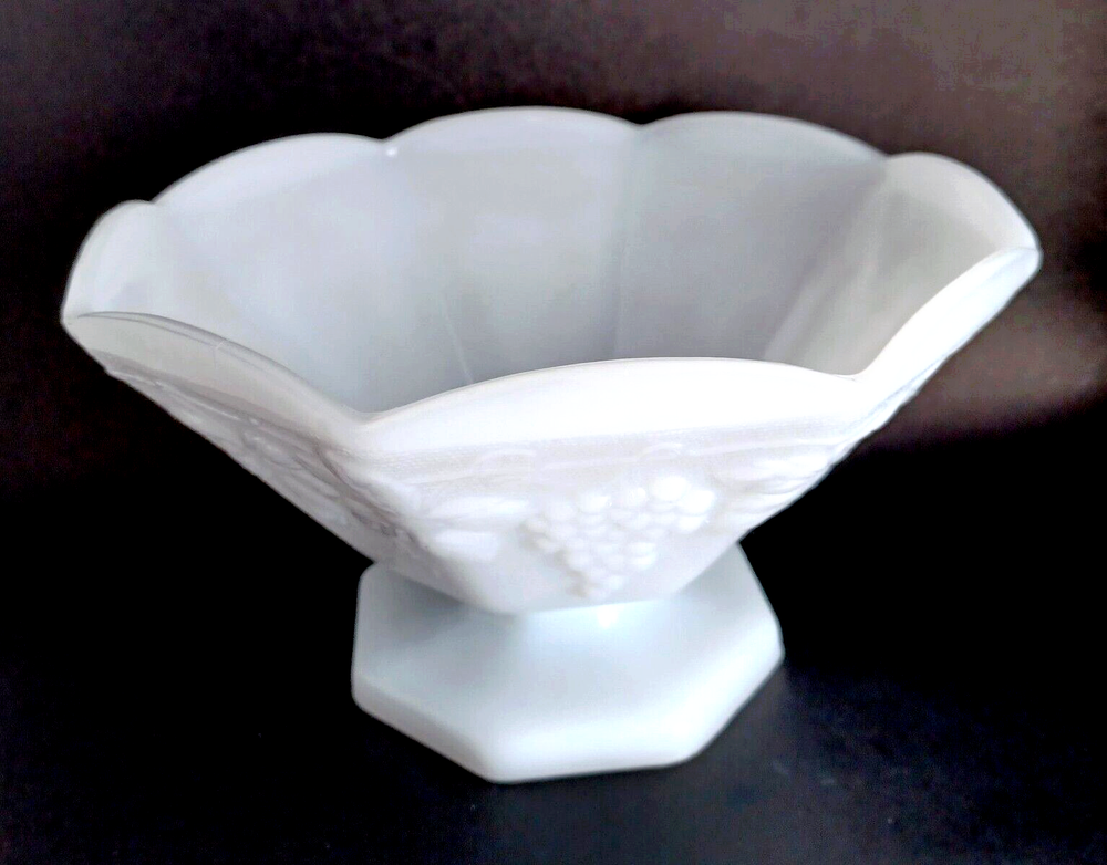 Vintage Anchor Hocking Milk Glass 9-inch Footed Candy Dish with Grapes Design