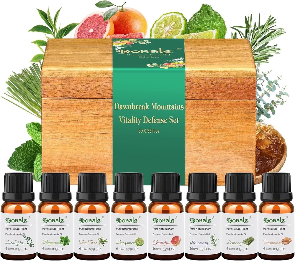 Pure Essential Oils Set w/ Wooden Gift Box Perfect for Diffuser Massage Therapy