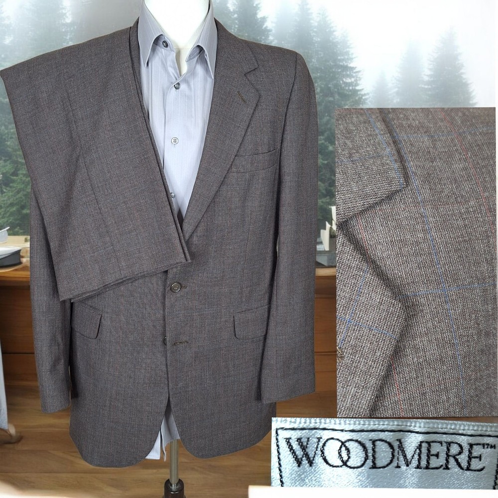 Woodmere 2 Piece Suit Mens 40L 32X33 Brown Plaid Vintage Wool