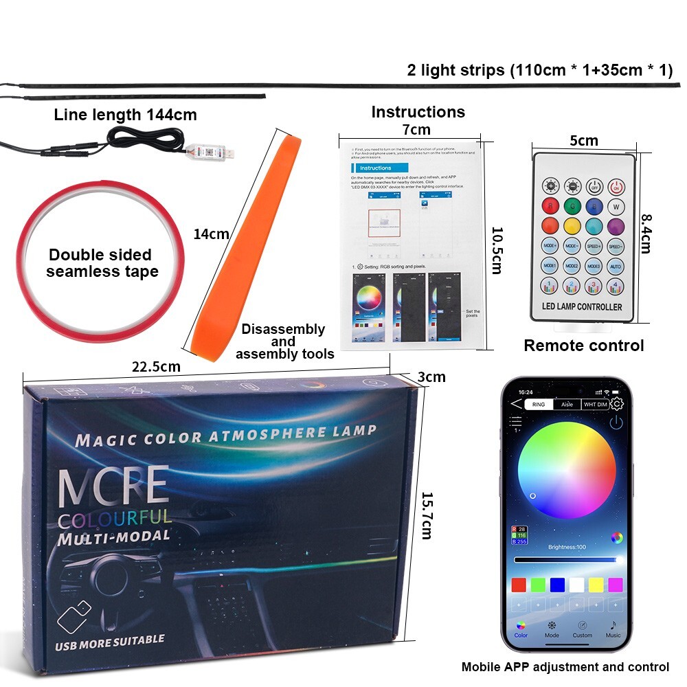 2in1 64 Color Streamer Car Ambient Lights RGB Universal LED Interiors Strips APP